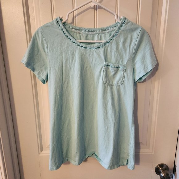 Midnight by Carole Hochman Tops - Baby Blue Short Sleeve Shirt with Neck and Pocket Embroidery Detail